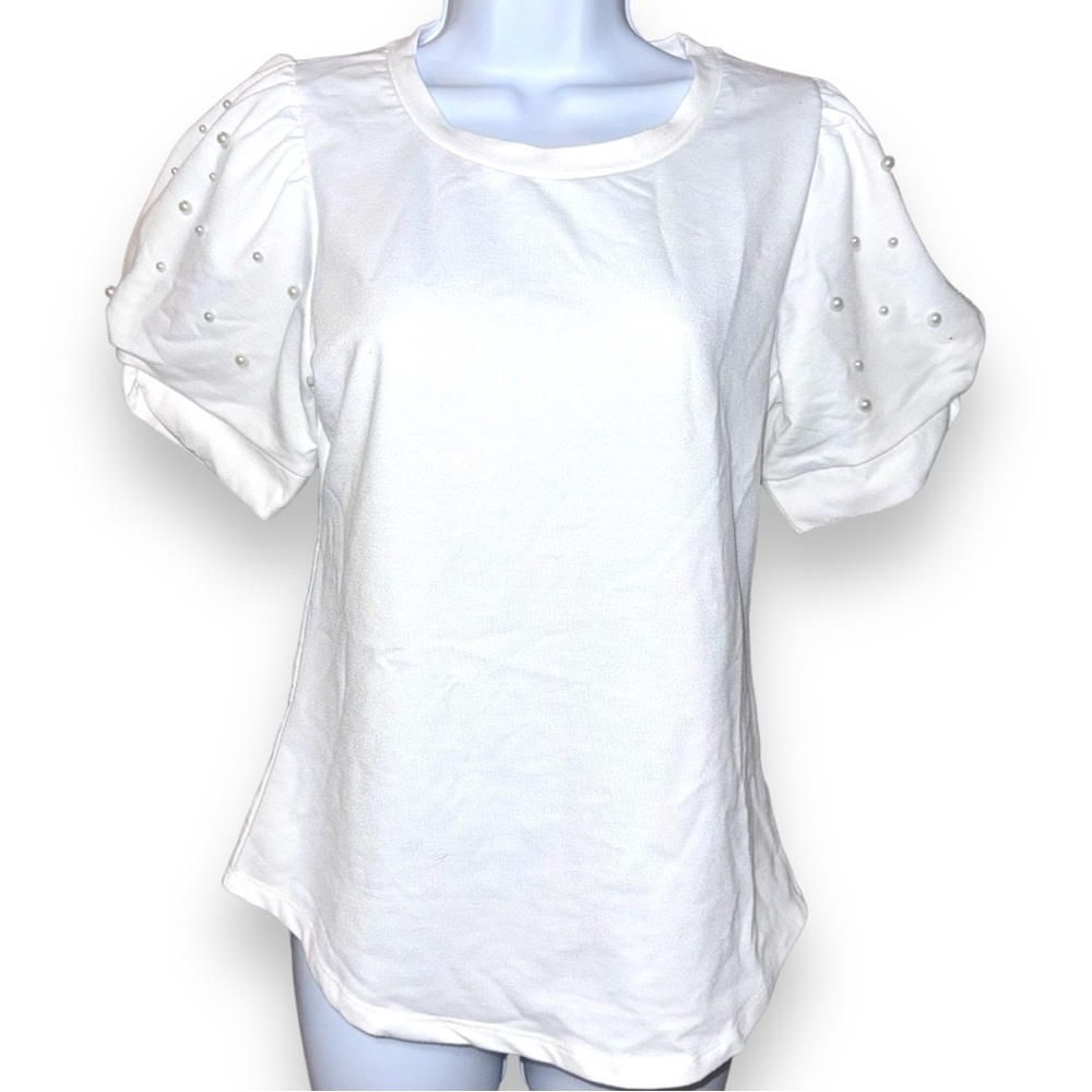 SKÖNHET Women's White Crew Neck Embellished Pearl Puffy
Sleeve Blouse